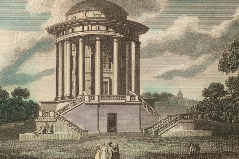 Circular mausoleum reached by double staircases, in the park at Castle Howard, Yorkshire. Original Artwork: Drawing - Thomson. Engraving - Hawksworth. Pub. 'Beauties of England and Wales'.