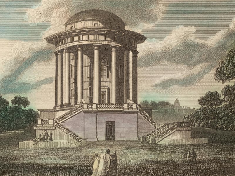 Circular mausoleum reached by double staircases, in the park at Castle Howard, Yorkshire. Original Artwork: Drawing - Thomson. Engraving - Hawksworth. Pub. 'Beauties of England and Wales'.