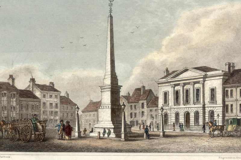 circa 1800: The market place and town hall at Ripon in North Yorkshire. Original Artwork: Engraved by J Shury after a drawing by N Whittock.