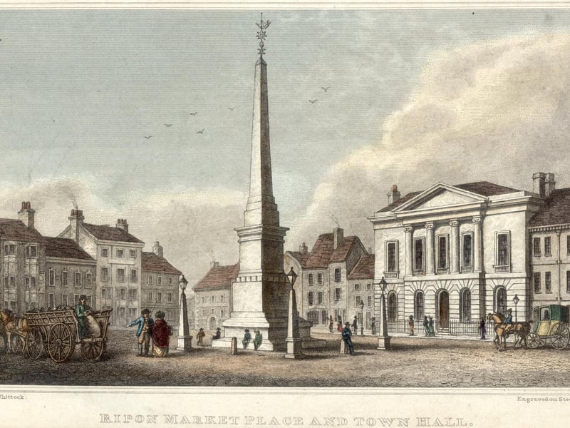 circa 1800: The market place and town hall at Ripon in North Yorkshire. Original Artwork: Engraved by J Shury after a drawing by N Whittock.