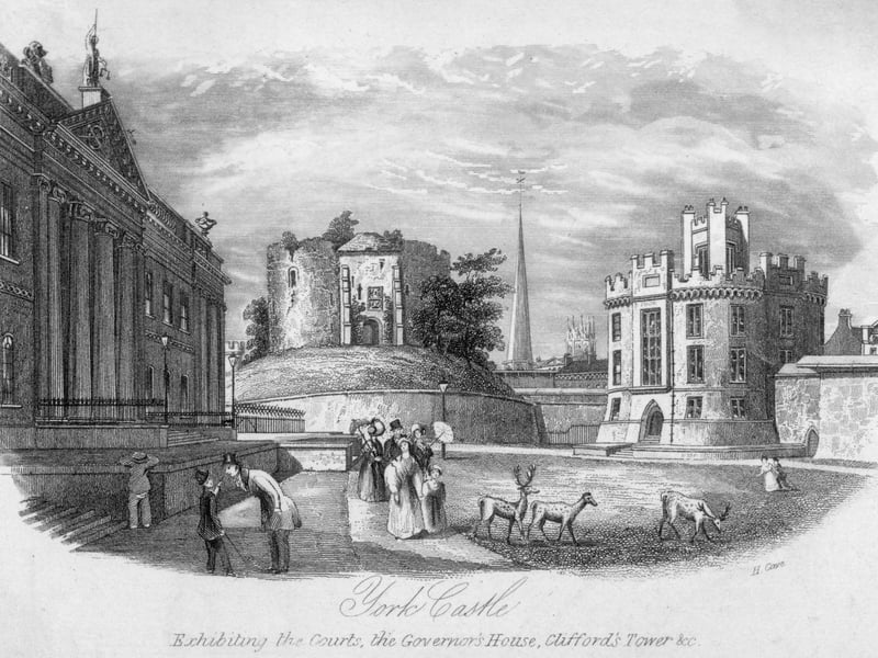 circa 1820: In this engraved depiction of York, on top of the mound, are the remains of Cliffordfs Tower. The tower dates from when York Castle was rebuilt in stone between 1245 and 1265. Original Artwork: Engraved by: H Cove