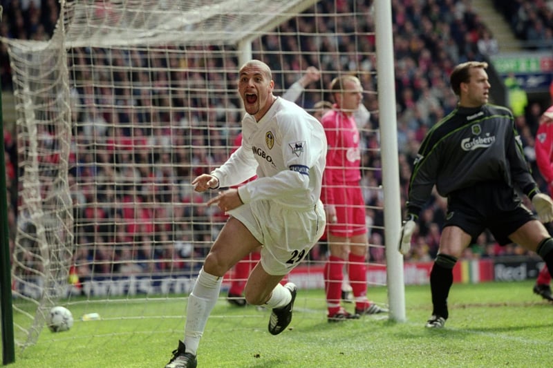 Rio Ferdinand celebrates after putting Leeds United ahead at Anfield.