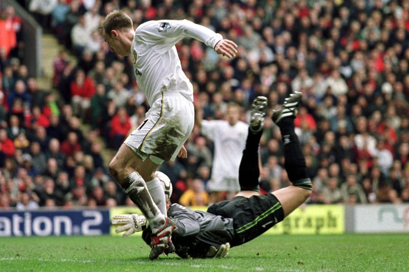 Lee Bowyer beats Liverpool goalkeeper Sander Westerveld to score at Anfield.