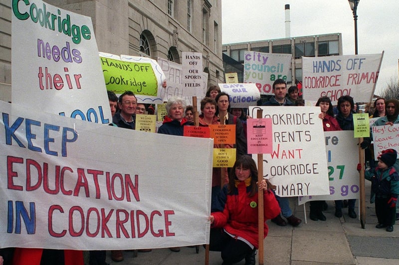 Cookridge Primary School protesters pictured before the council meeting at the Civic Hall in February 1998.