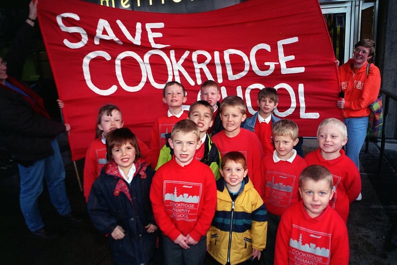 Parents and children outside Merrion House in the city centre where they handed in a petition against the closure of Cookridge School in October 1998.