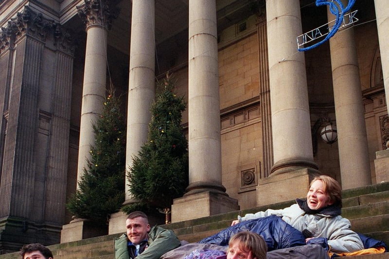 Members of the Cookridge-based charity Caring for Life slept out on the steps of Leeds Town Hall in December 1998 to raise awareness of homelessness. Pictured are Sue Hoey, Brain Batley, Lis Wilcox and Daniel Vazquez.