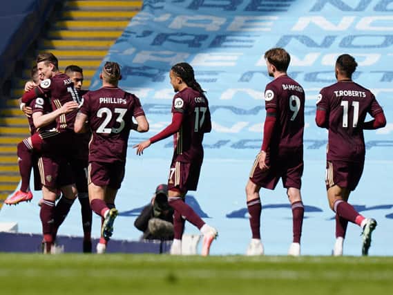 Leeds United celebrate at Manchester City. Pic: Getty