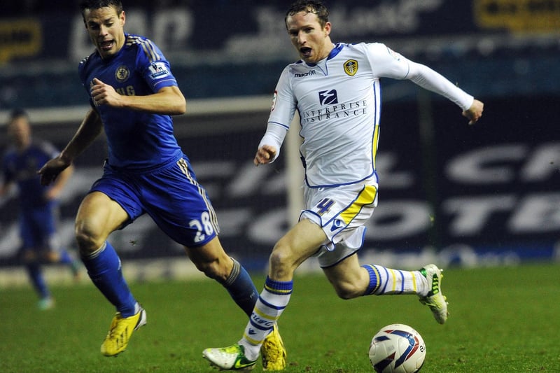 Aidy White takes on Chelsea's Cesar Azpilicueta during the Capital One Cup quarter-final clash at Elland Road in December 2012. Leeds lost 5-1.
