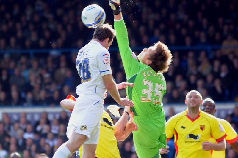 Aidy White rises to challenges Watford goalkeeper Tomasz Kuszczak during the Championship clash at Elland Road in March 2012. Leeds lost 2-0.