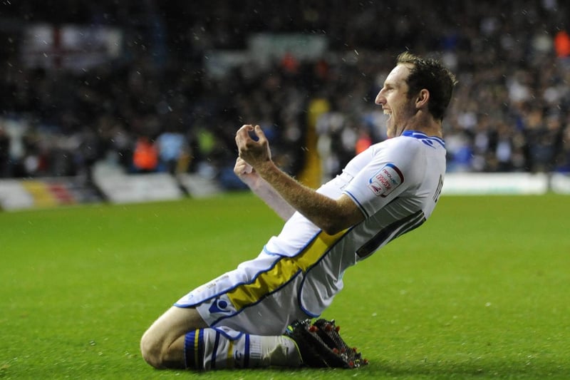 Aidy White celebrates scoring against Everton during the third round of the Carling Cup at Elland Road in September 2012. Leeds won 2-1.
