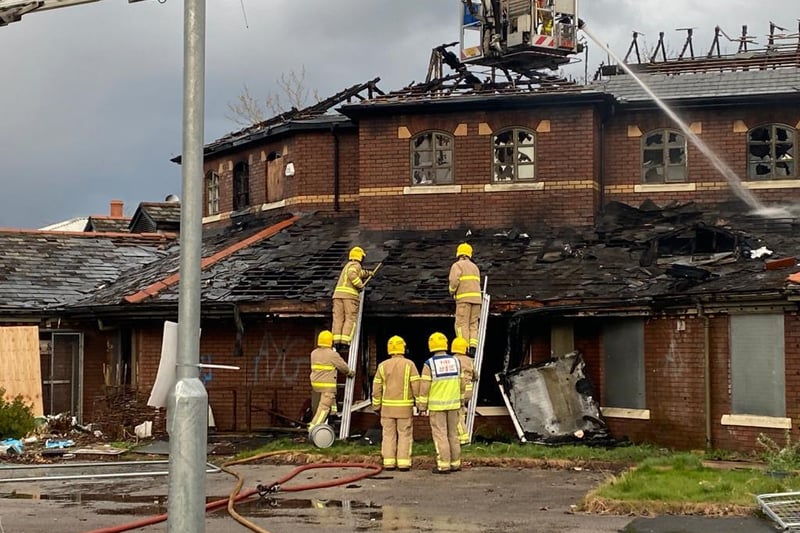 Firefighters used hose reels and an aerial ladder platform to tackle the flames at Baffito's after a second fire in five months gutted the derelict building