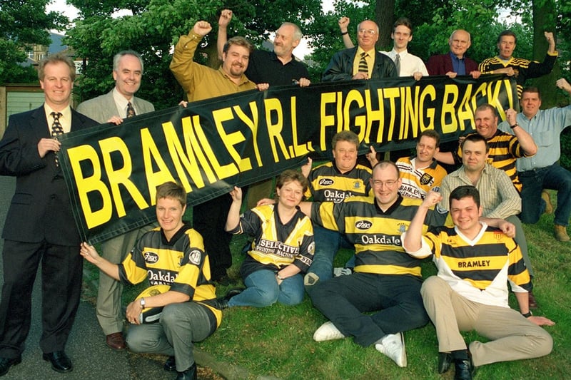 Officials and supporters of a scheme to bring Bramley RL back to life show their enthusiasm with this bold banner in May 2000.