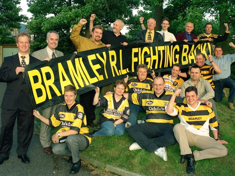 Officials and supporters of a scheme to bring Bramley RL back to life show their enthusiasm with this bold banner in May 2000.