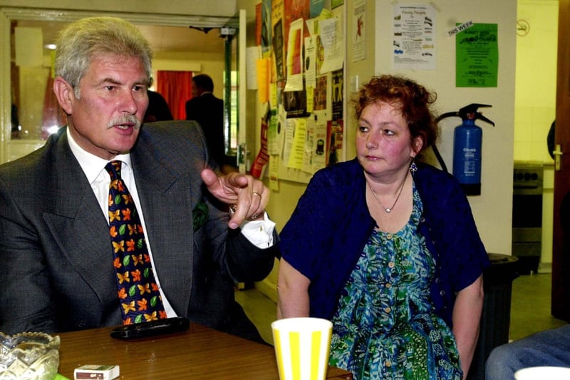 Drugs tsar Keith Hellawell talks to local people at Bramley Community Centre in May 2000. He is pictured with Clair Dowgill, project manager of West Leeds Community Centre drugs service.