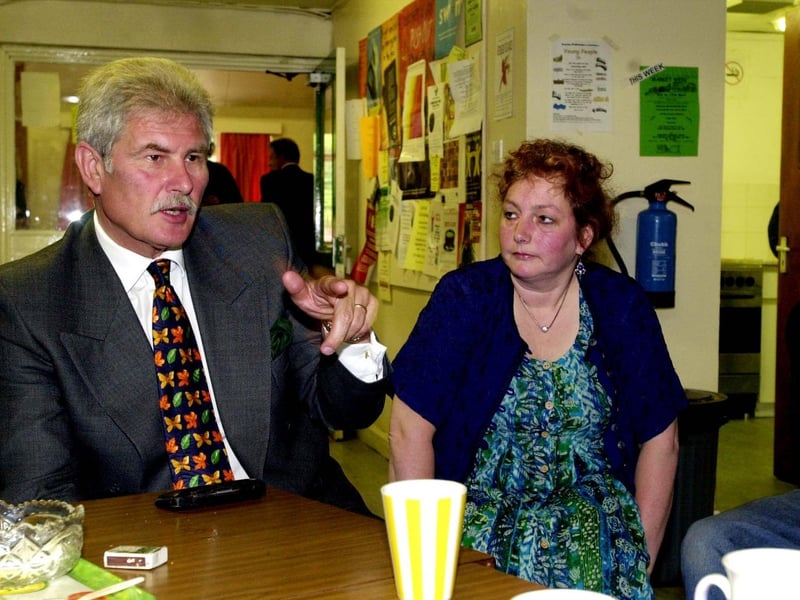 Drugs tsar Keith Hellawell talks to local people at Bramley Community Centre in May 2000. He is pictured with Clair Dowgill, project manager of West Leeds Community Centre drugs service.