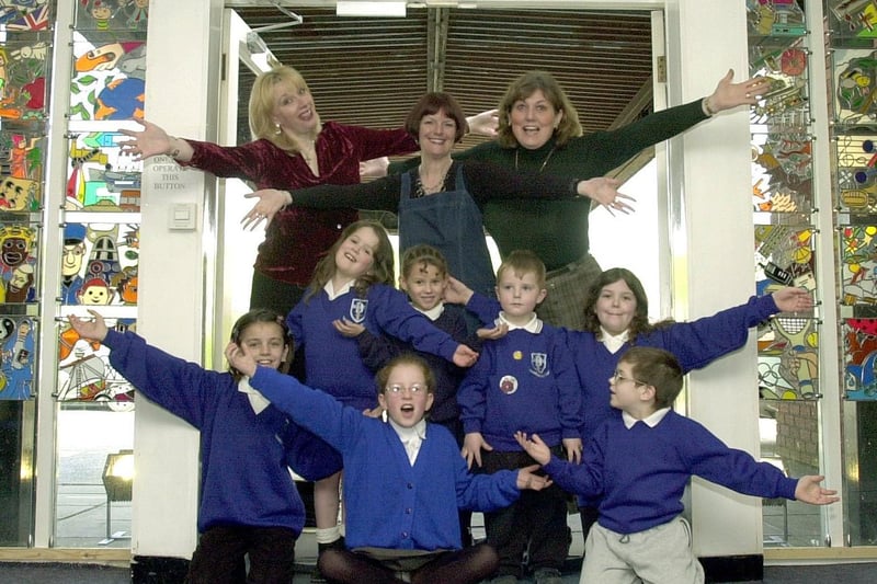 Teachers and children from Bramley Primary  with stain glass panels created at the school. Pictured are head Margaret Beesley, teacher Liz Morrell and deputy head Catherine Farley with pupils.