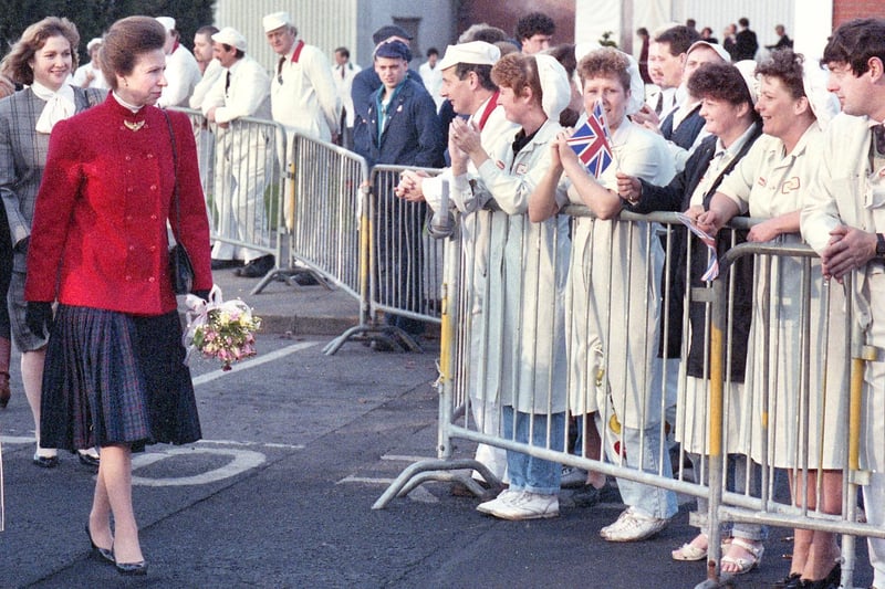 Princess Anne arrives at the Heinz Kitt Green factory on Friday 1st of December 1989.