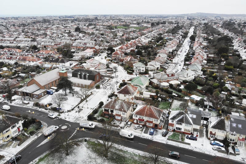 Drone shots, taken with permission from Worthing Coastal Office, show a thin blanker of snow over Worthing