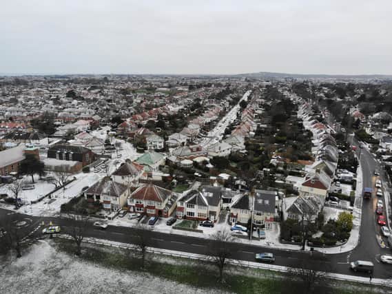 Drone shots, taken with permission from Worthing Coastal Office, show a thin blanker of snow over Worthing