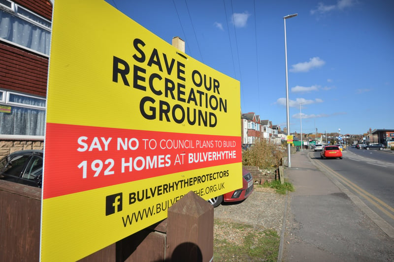'Save Our Recreation Ground' signs along Bexhill Road. The signs are in opposition to 192 houses being build on Bulverhythe recreation ground. SUS-210703-114102001