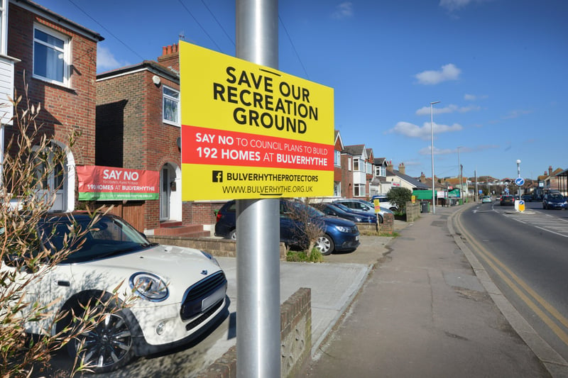 'Save Our Recreation Ground' signs along Bexhill Road. The signs are in opposition to 192 houses being build on Bulverhythe recreation ground. SUS-210703-114048001
