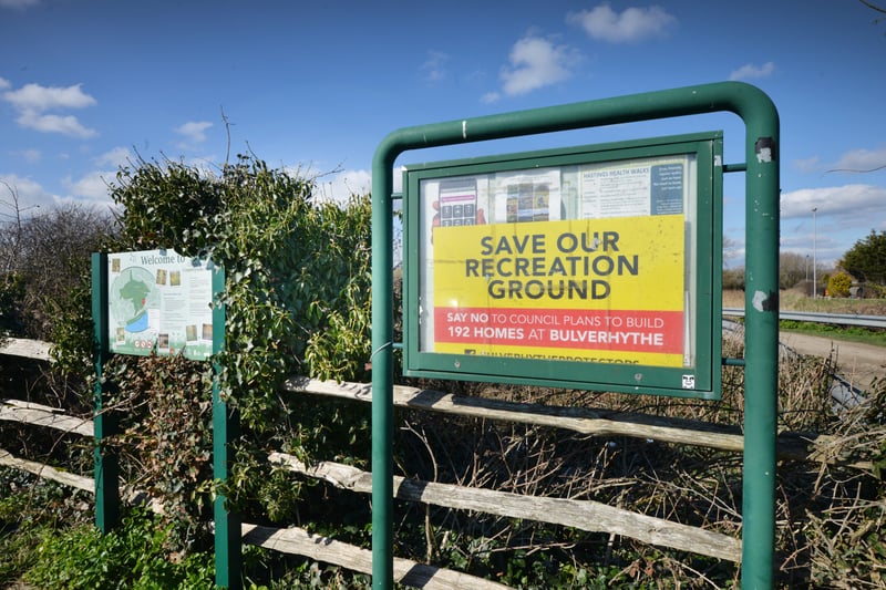 'Save Our Recreation Ground' sign at the entrance to Bulverhythe recreation ground. SUS-210703-113952001
