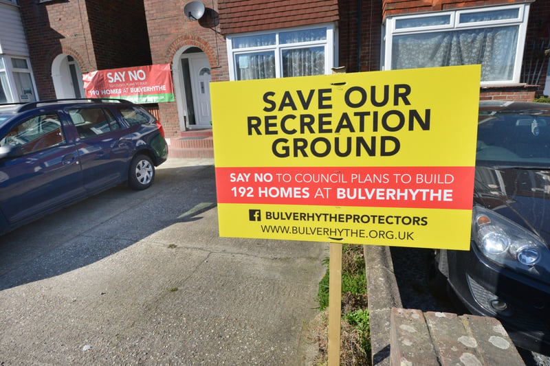 'Save Our Recreation Ground' signs along Bexhill Road. The signs are in opposition to 192 houses being build on Bulverhythe recreation ground. SUS-210703-114128001