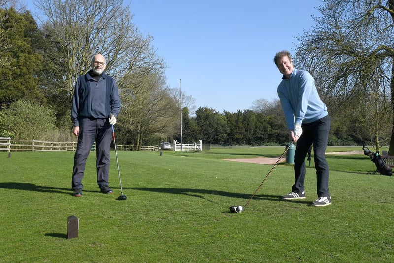 Blankney Golf Club. Andrew Shepherd of Branston and Kraig Needs of Lincoln, teeing off on the 1st tee. EMN-210329-165610001
