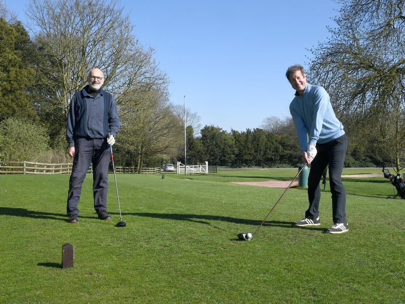 Blankney Golf Club. Andrew Shepherd of Branston and Kraig Needs of Lincoln, teeing off on the 1st tee. EMN-210329-165610001