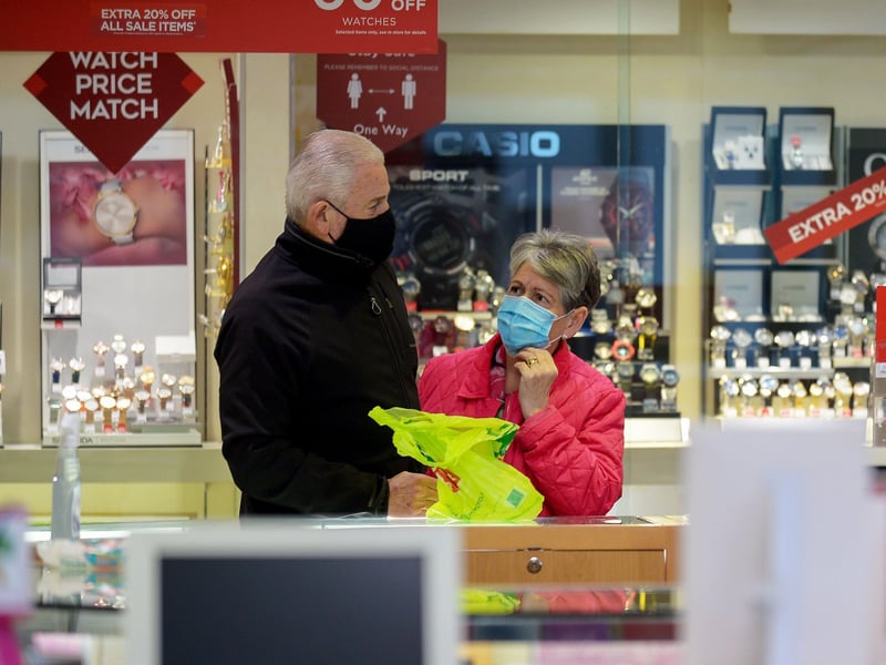 Shoppers in Foyleside on Friday morning as non-essential retails outlets reopen. Photo: George Sweeney / Derry Journal.  DER2117GS – 023