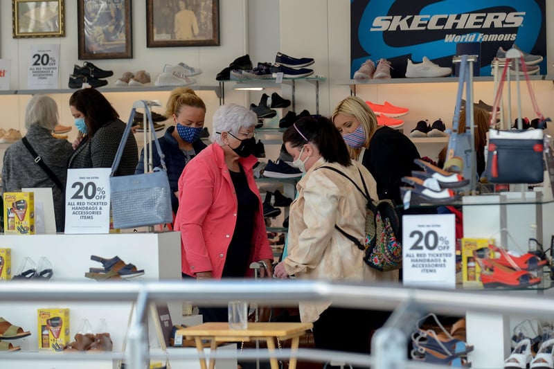 Shoppers on Friday morning as non-essential retails outlets reopened. Photo: George Sweeney / Derry Journal.  DER2117GS - 029