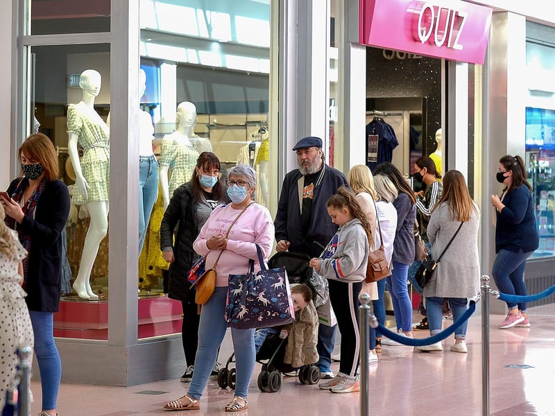 There were queues outside shops in the Richmond Centre early on Friday morning as non-essential retails outlets reopen. Photo: George Sweeney / Derry Journal. DER2117GS – 038