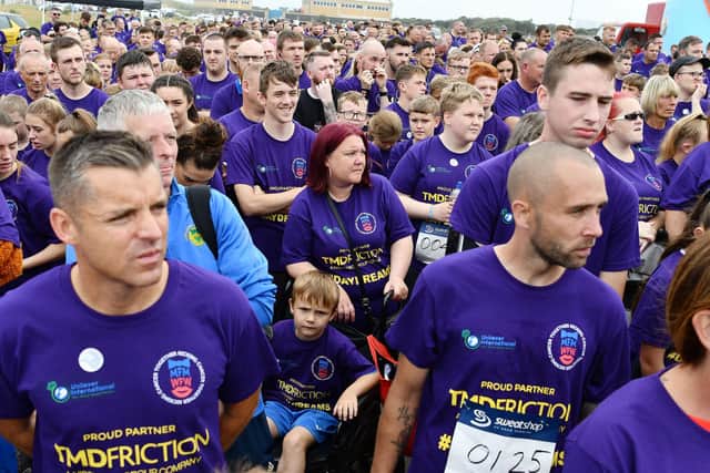 Crowds at the start of the 2019 Miles for Men run held at the Clock Tower, Seaton Carew.