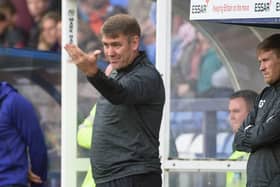 Dave Challinor, Manager of Hartlepool United FC issues his orders during the Sky Bet League 2 match between Tranmere Rovers and Hartlepool United at Prenton Park, Birkenhead on Saturday 4th September 2021. (Credit: Ian Charles | MI News)