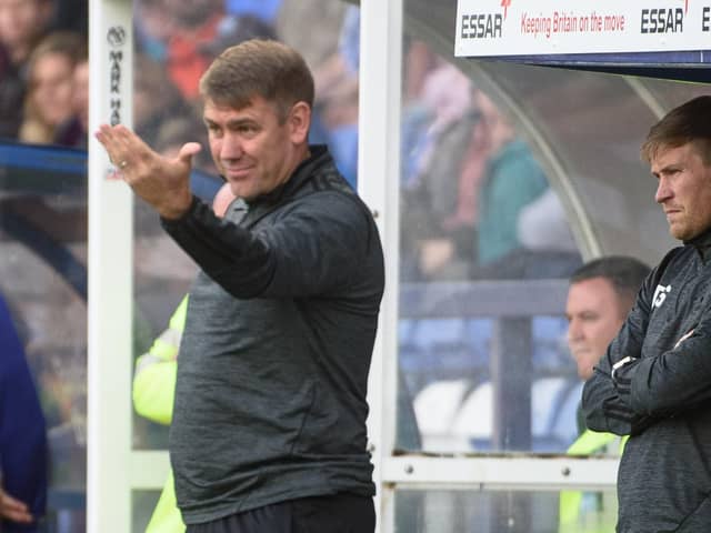 Dave Challinor, Manager of Hartlepool United FC issues his orders during the Sky Bet League 2 match between Tranmere Rovers and Hartlepool United at Prenton Park, Birkenhead on Saturday 4th September 2021. (Credit: Ian Charles | MI News)