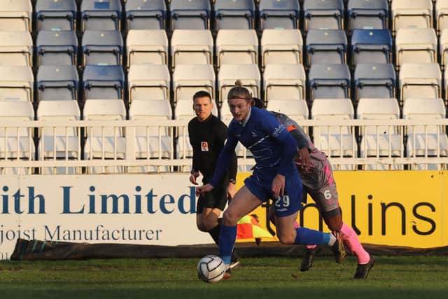 Luke Armstrong of Hartlepool United   during the Vanarama National League match between Hartlepool United and Wealdstone at Victoria Park, Hartlepool on Saturday 9th January 2021. (Credit: Mark Fletcher | MI News)