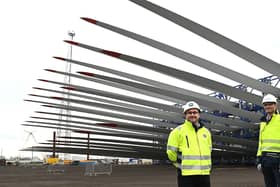 Peter Dixon of GE Vernova (left) and Dogger Bank project director Olly Cass in front of wind turbine blades at Able Seaton Port, Hartlepool. Picture by FRANK REID