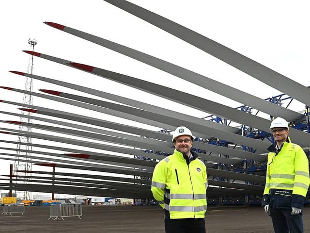 Peter Dixon of GE Vernova (left) and Dogger Bank project director Olly Cass in front of wind turbine blades at Able Seaton Port, Hartlepool. Picture by FRANK REID