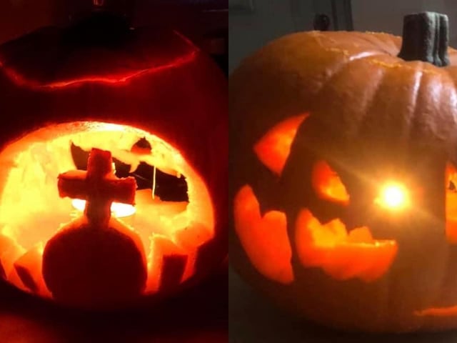 Two views of this Halloween pumpkin. Celebrating National Pumpkin Day and Halloween with Rachael Bird.