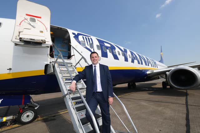 Mayor Houchen on the steps of the Ryanair aircraft at Teesside Airport
