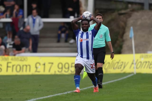 Hartlepool United's Zaine Francis-Angol takes a throw-in during the Sky Bet League 2 match between Hartlepool United and Exeter City at Victoria Park, Hartlepool on Saturday 25th September 2021. (Credit: Mark Fletcher | MI News)
