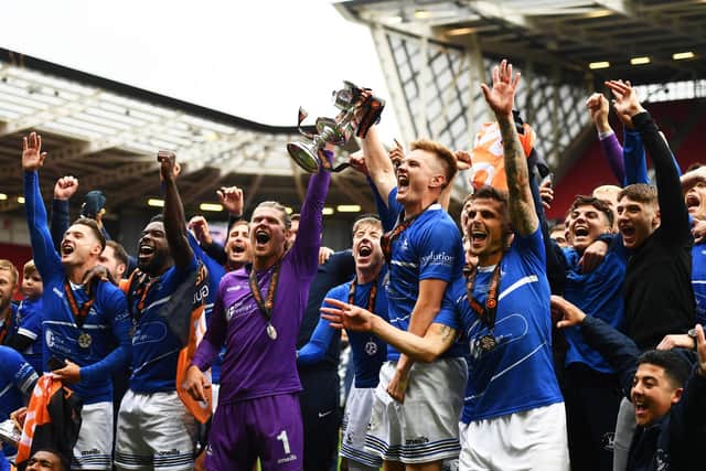 Hartlepool United celebrate with the Vanarama National League Trophy after last month's Play-Off Final against Torquay United at Ashton Gate in Bristol. (Photo by Harry Trump/Getty Images)