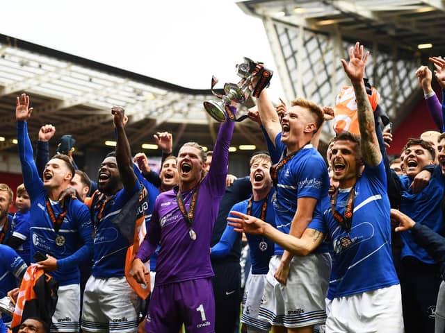 Hartlepool United celebrate with the Vanarama National League Trophy after last month's Play-Off Final against Torquay United at Ashton Gate in Bristol. (Photo by Harry Trump/Getty Images)
