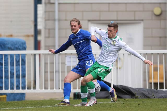 Tom Knowles of Yeovil Town blocks a cross from Hartlepool United's Luke Armstrong  during the Vanarama National League match between Hartlepool United and Yeovil Town at Victoria Park, Hartlepool on Saturday 20th February 2021. (Credit: Mark Fletcher | MI News)