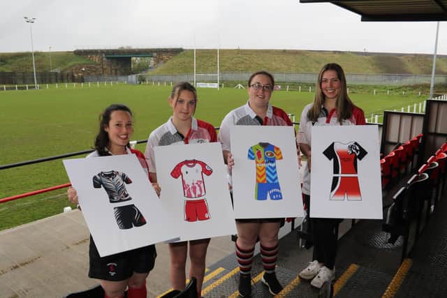 Members of Hartlepool Rovers Ladies Rugby team with the shortlisted strip designs. From left: Alysia Draper, Emma Jeffreys-Lamb, Danielle Jeffreys-Coulton and Adele Hewitson.