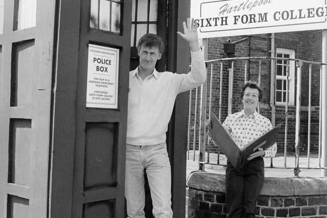 Dr Who's famous time travelling Tardis arrived at Hartlepool Sixth Form College in May 1995 as part of Adult Learners Week. Pictured with the Tardis are mature students Rolf Parvin and Pat Betson.