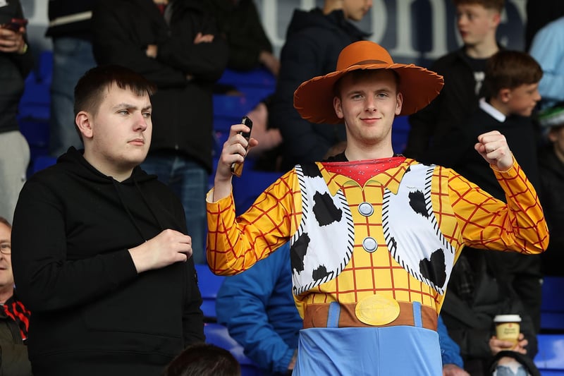 Hartlepool fans during the Sky Bet League 2 match between Stockport County and Hartlepool United at the Edgeley Park Stadium on Monday 8th May 2023.