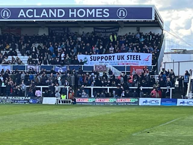 Hartlepool United fans display a banner in support of the UK steel industry at the Suit Direct Stadium on Good Friday.