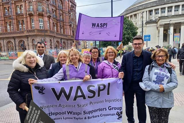 Hartlepool pension campaigners in Manchester with the city's mayor, Andy Burnham, second right.
