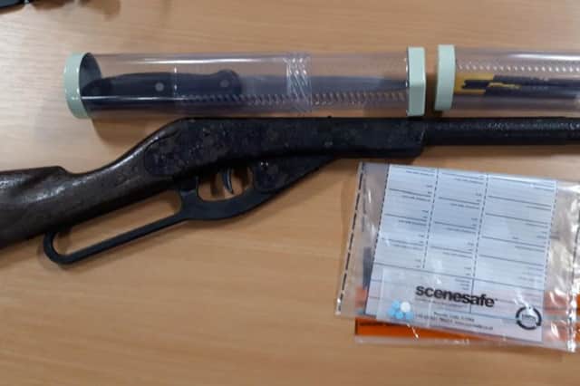 The suspected imitation firearm, drugs and blades were seized in Hartlepool on Saturday night./Photo: Hartlepool Neighbourhood Police Team